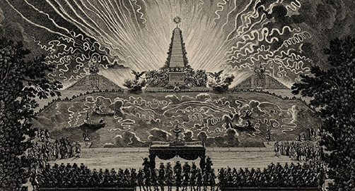 Jean Lepautre, {Cinquième journée. / Feu d'artifice sur le Canal de Versailles. / Dies Quintus. / Incendium ludierum è pyrio puluere Super Alueum Versaliarum}