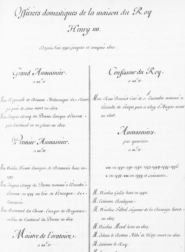 « Officiers domestiques de la maison du roy Henry IIII, depuis l'an 1590 jusques et compris 1610 »