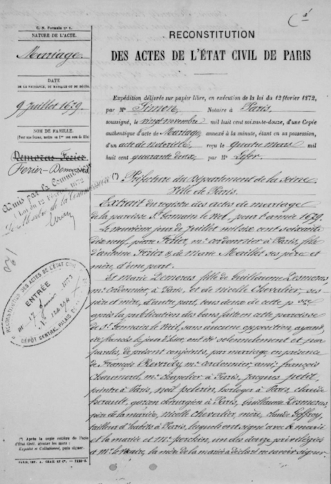 Acte de mariage Ferier-Demoras, 9 juillet 1679