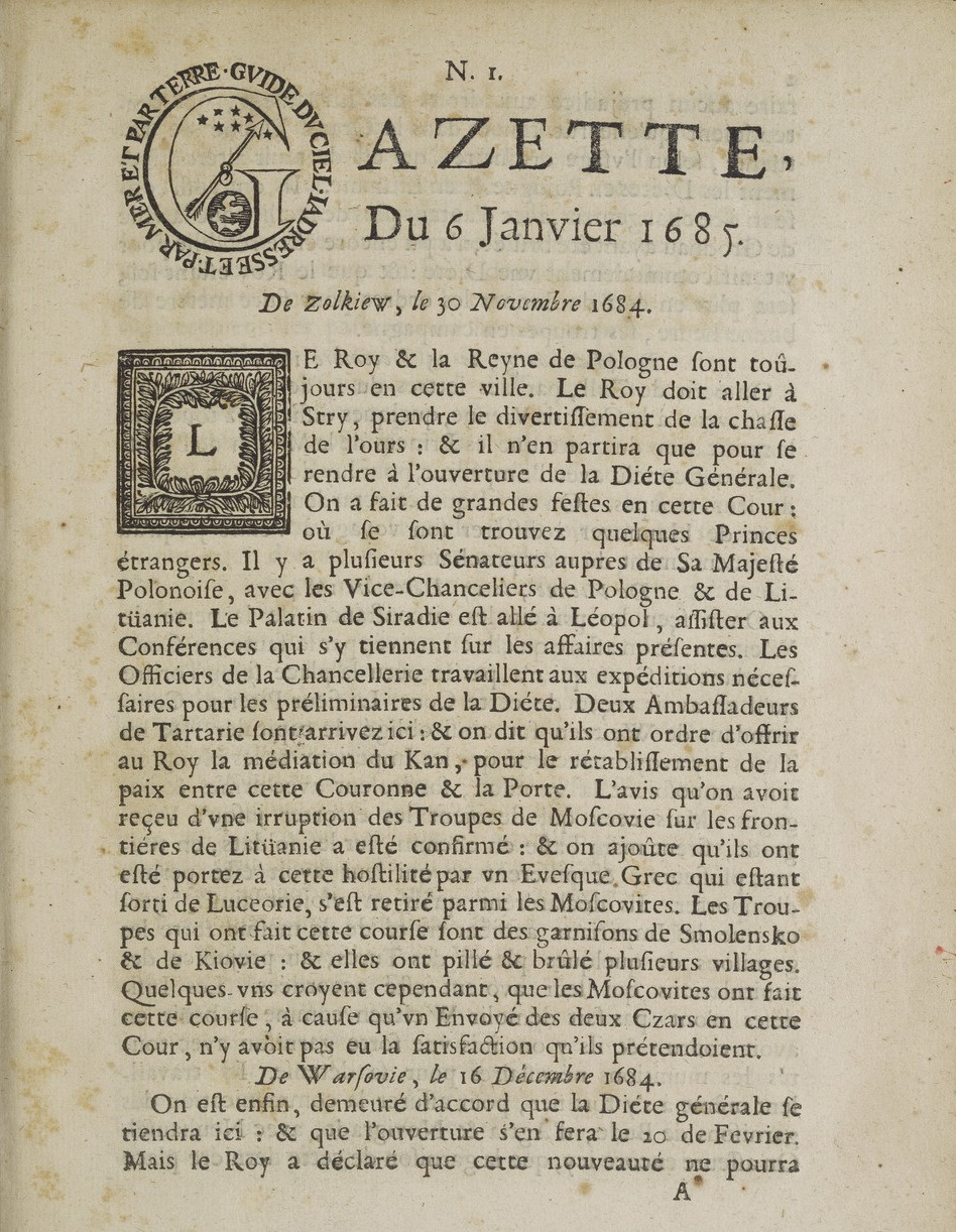 Page de titre de la {Gazette du 6 janvier 1685}