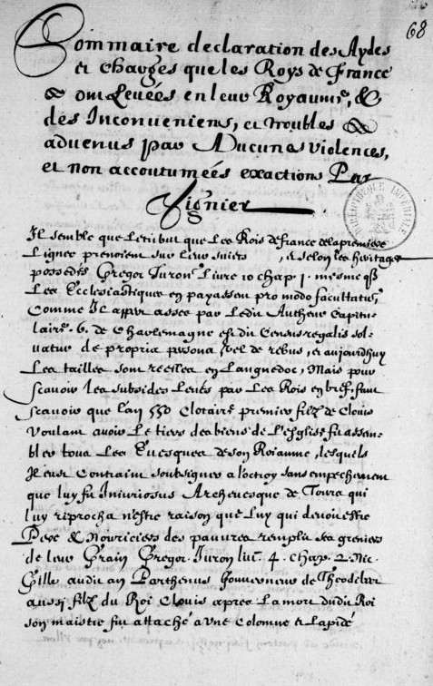 « Sommaire declaration des Aydes et charges que les Roys de France ont levées en leur Royaume [...] par Vignier »
