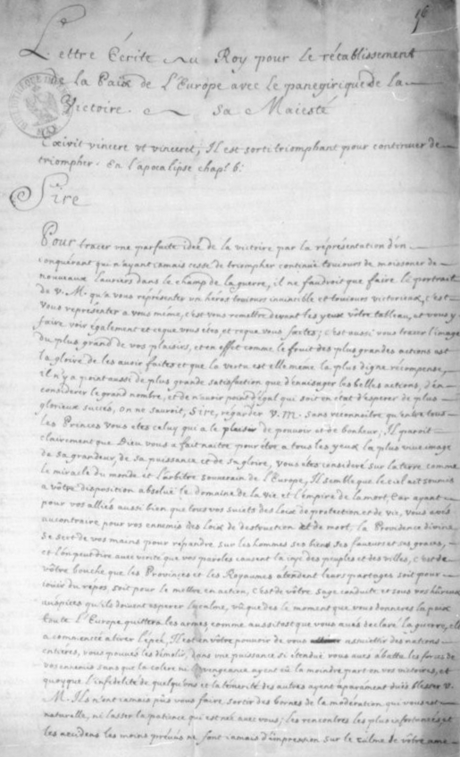 « Lettre écrite au Roy pour le rétablissement de la Paix de l'Europe avec le panegirique de la victoire »