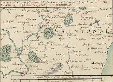« Carte du Saintonge. Mercredi 22, jeudi 23, vendredi 24 et samedi 25 décembre 1700 »