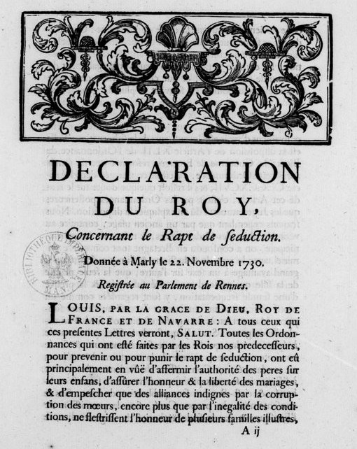 « Déclaration du Roy concernant le Rapt de seduction » (Marly, 22 novembre 1730)