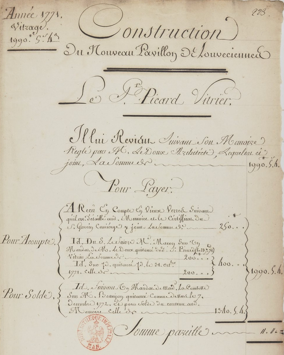 « Construction du Nouveau Pavillon de Louveciennes. Le sr Picard, vitrier » (1771)